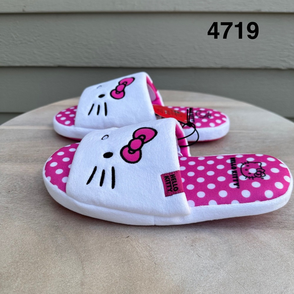 Sanrio Hello Kitty Kids Pink Polka Dot Plush Slide Slippers Size S 4-5 New